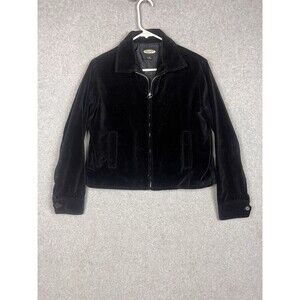 Old Navy 90s Women M Velvet Blazer Cropped Jacket Full Zip Black Cotton Pockets